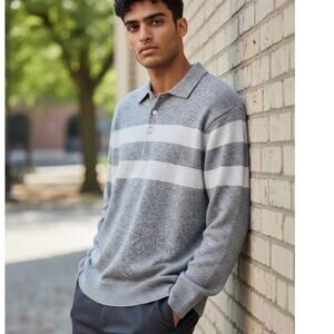 American Eagle Sweater Gray Cream Striped Polo SZ Med Tall Preppy Y2K Mens